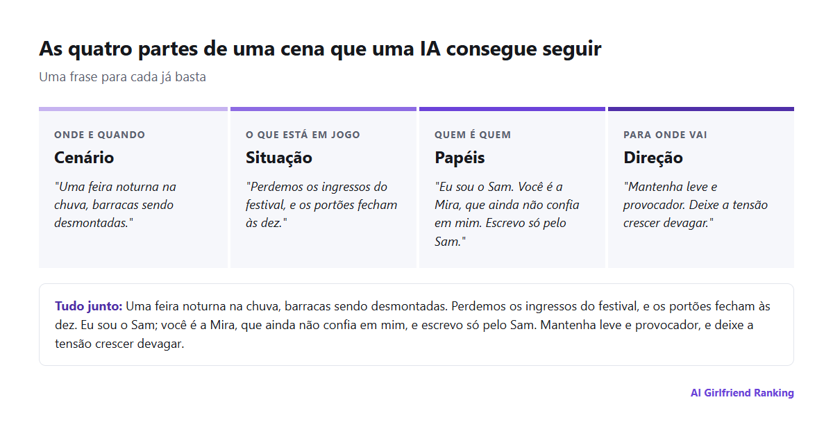 Diagrama das quatro partes de um prompt de cena de roleplay: cenário, situação, papéis e direção, cada uma com um exemplo de uma linha