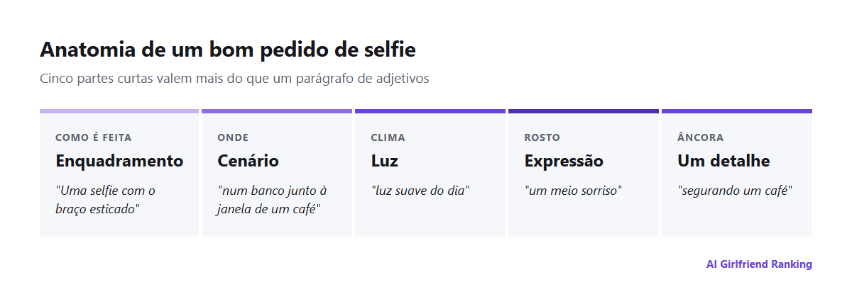 Anatomia de um pedido de selfie de IA: enquadramento, cenário, luz, expressão e um detalhe, com um exemplo de cada
