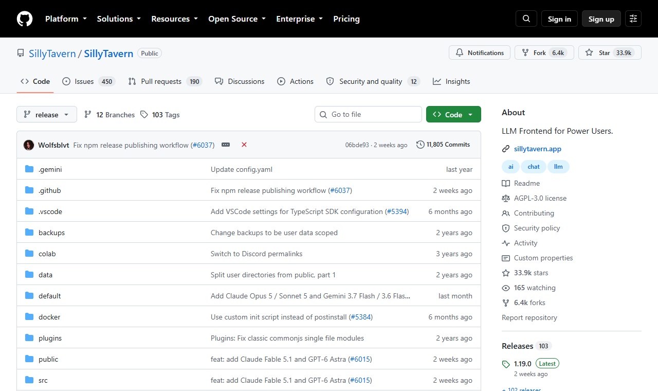 Página do projeto SillyTavern no GitHub