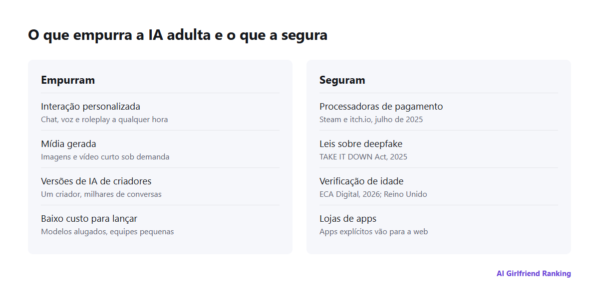 Forças que moldam a IA na indústria adulta: personalização, mídia gerada e clones de IA empurrando para a frente; processadoras de pagamento, leis sobre deepfake, verificação de idade e lojas de apps puxando para trás