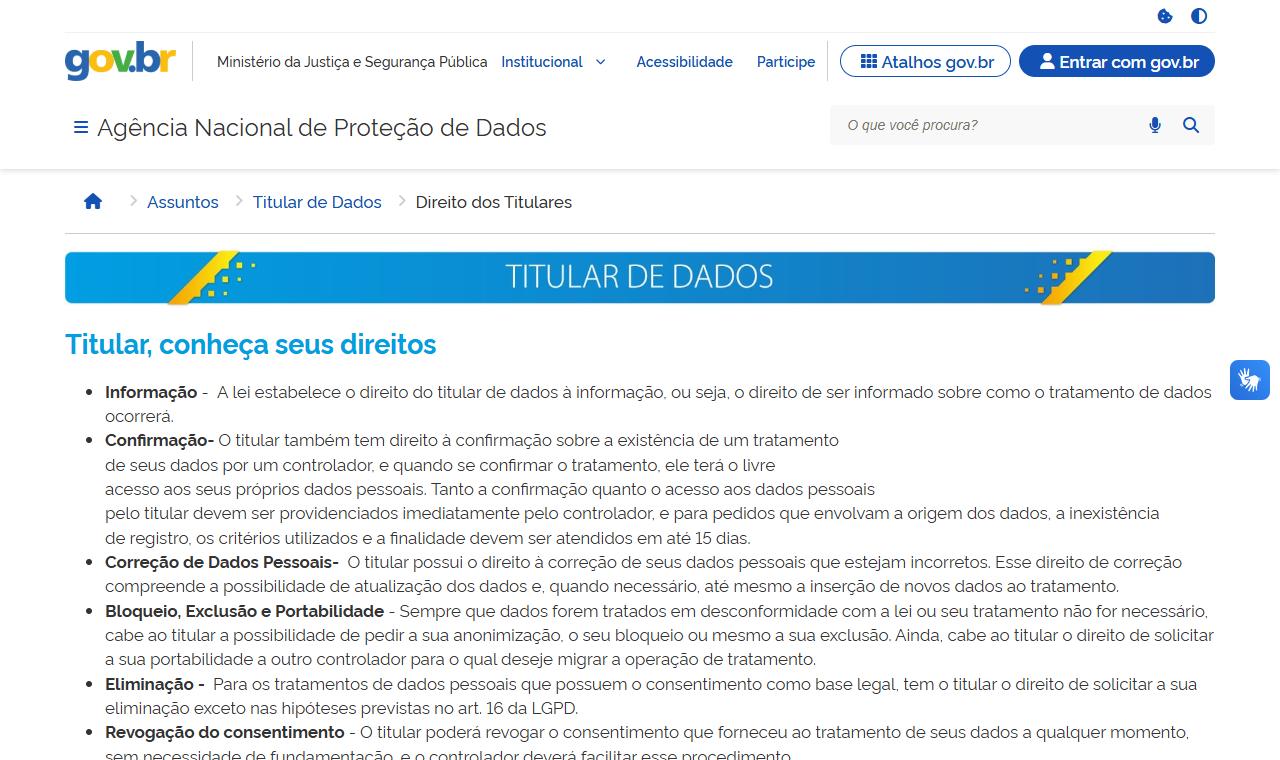 Página da ANPD sobre os direitos dos titulares de dados pessoais
